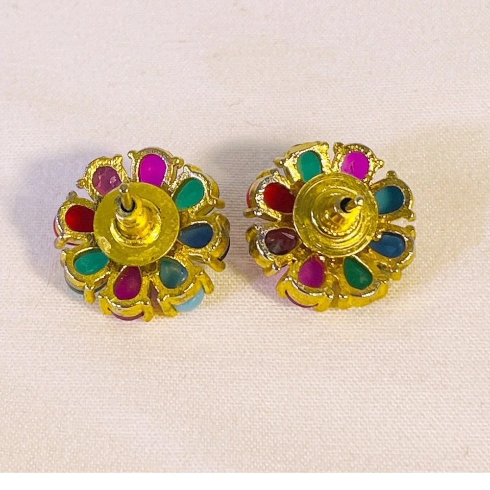Vintage Multicolor Flower Stud Earrings Gold Tone Faux Pearl Jewel Tone‎ Floral